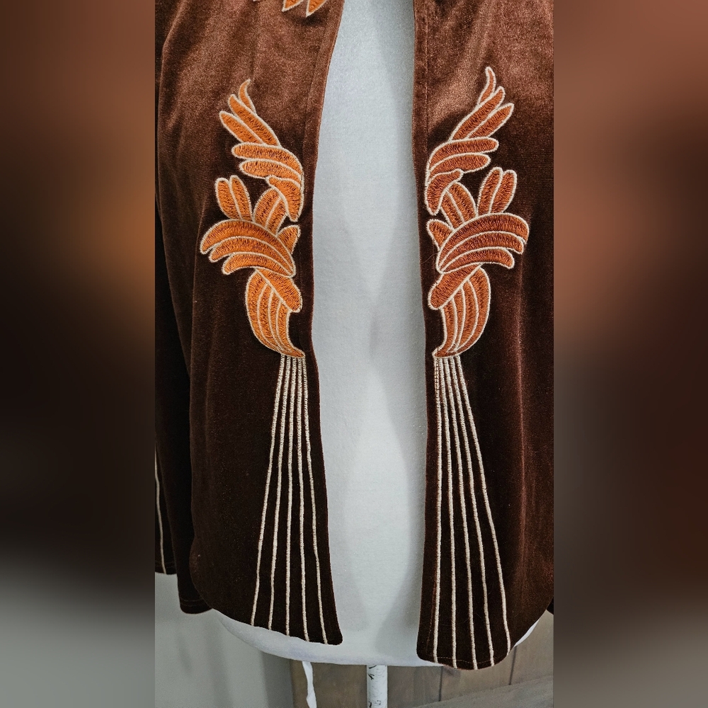 RUSTTY DUSTTY Floral Embroidery Open Front Velvet Jacket/blazer.Rust Brown M NWT - Picture 16 of 16